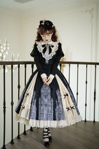Gothic Black Long Sleeved Dress Elegant Lolita Ruffled Lace Long Dress in Autumn