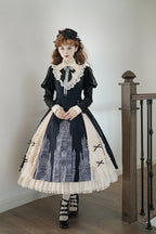 Gothic Black Long Sleeved Dress Elegant Lolita Ruffled Lace Long Dress in Autumn
