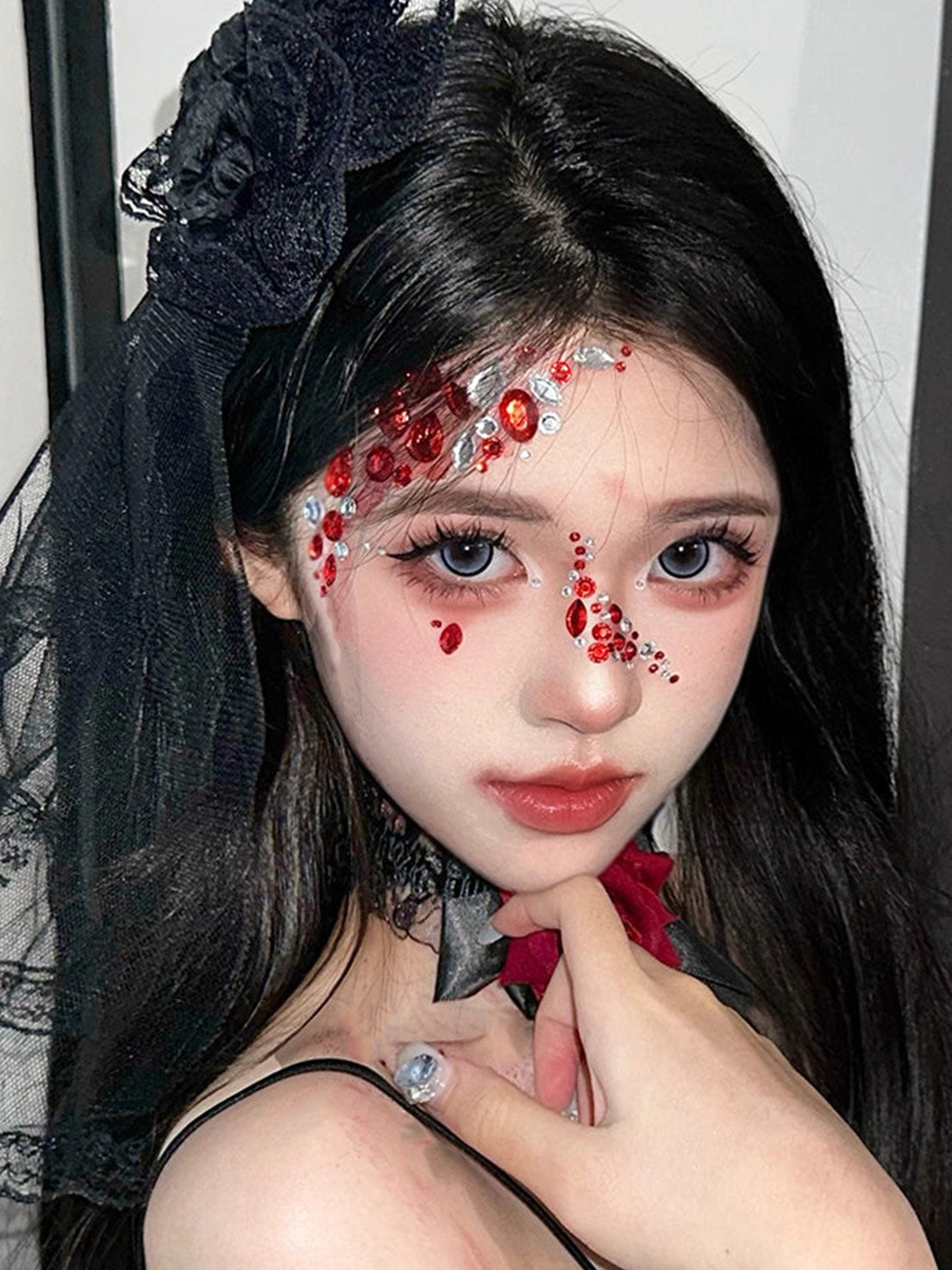Gothic Bride Veil Hair Clip Black White Lace Dark Flower Rose Halloween Cosplay Accessory