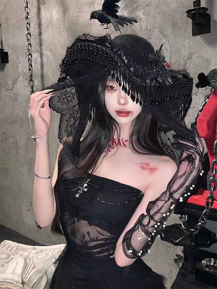 Gothic Dark Witch Hat Lace Veil Headwear Lolita Hair Accessories
