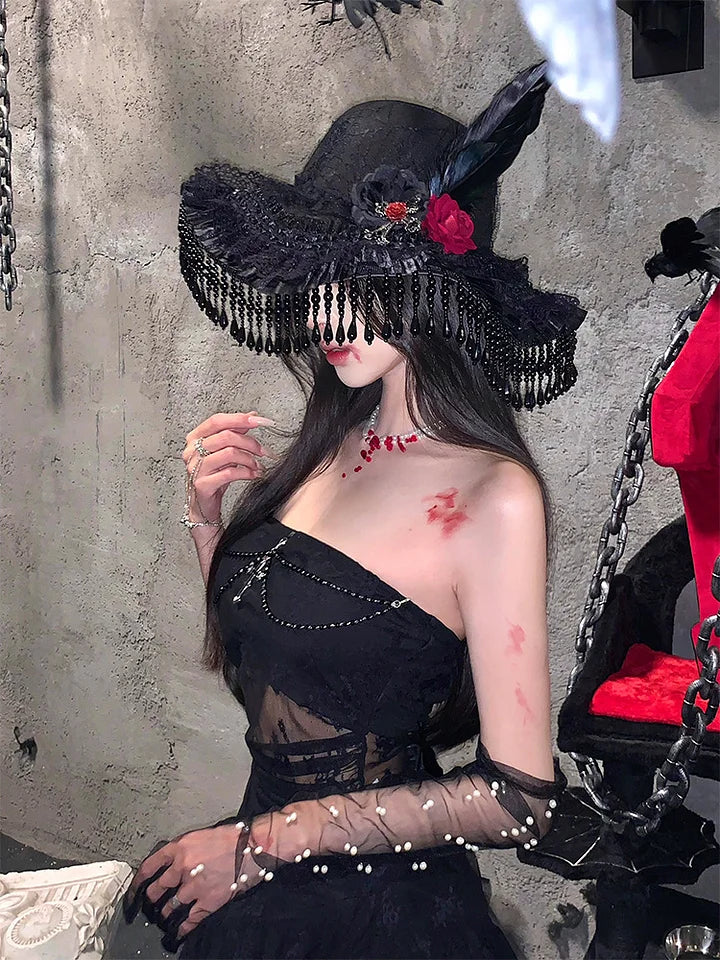 Gothic Dark Witch Hat Lace Veil Headwear Lolita Hair Accessories