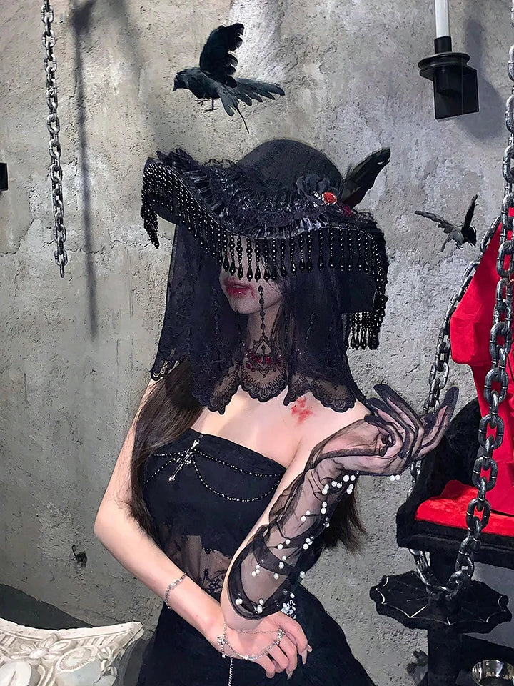 Gothic Dark Witch Hat Lace Veil Headwear Lolita Hair Accessories