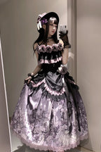 The Black Purple Gothic Lolita Skirt Set is designed to combine sweet details with a dark, elegant charm. Featuring a sleeveless cut, layered ruffles, and delicate lace, it creates a graceful yet dramatic silhouette. The striking black and purple tones enhance its mysterious aura, while bow accents add a touch of sweetness. Perfect for Halloween, themed events, or daily gothic styling, this set embodies the unique balance of Gothic and Sweet Lolita fashion.