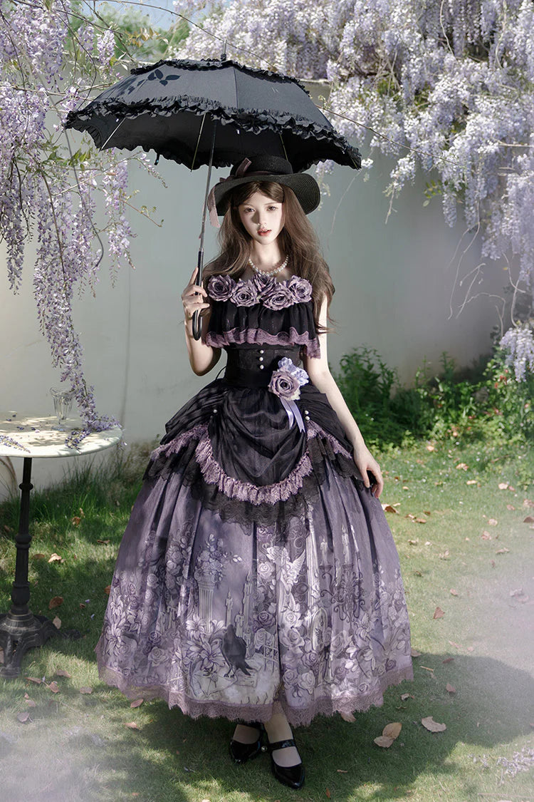 The Black Purple Gothic Lolita Skirt Set is designed to combine sweet details with a dark, elegant charm. Featuring a sleeveless cut, layered ruffles, and delicate lace, it creates a graceful yet dramatic silhouette. The striking black and purple tones enhance its mysterious aura, while bow accents add a touch of sweetness. Perfect for Halloween, themed events, or daily gothic styling, this set embodies the unique balance of Gothic and Sweet Lolita fashion.