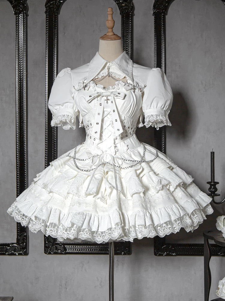Gothic Lolita Black White Cross Ruffles Lace Outfit Jumper Skirt Hot Girl