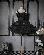 Gothic Lolita Black White Cross Ruffles Lace Outfit Jumper Skirt Hot Girl