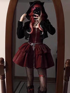 Merging festive mystery with Gothic Lolita elegance, this set features a dark red palette for a twisted Christmas allure. The cat-eared hood and slim-fitting jumper silhouette create a playful yet sinister vibe, while adjustable straps allow customizable coverage. Designed for those who celebrate the holidays with dark romance and unconventional charm.