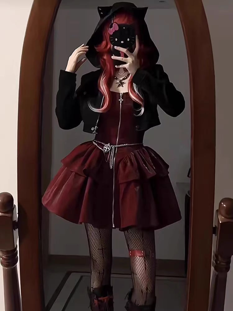 Merging festive mystery with Gothic Lolita elegance, this set features a dark red palette for a twisted Christmas allure. The cat-eared hood and slim-fitting jumper silhouette create a playful yet sinister vibe, while adjustable straps allow customizable coverage. Designed for those who celebrate the holidays with dark romance and unconventional charm.