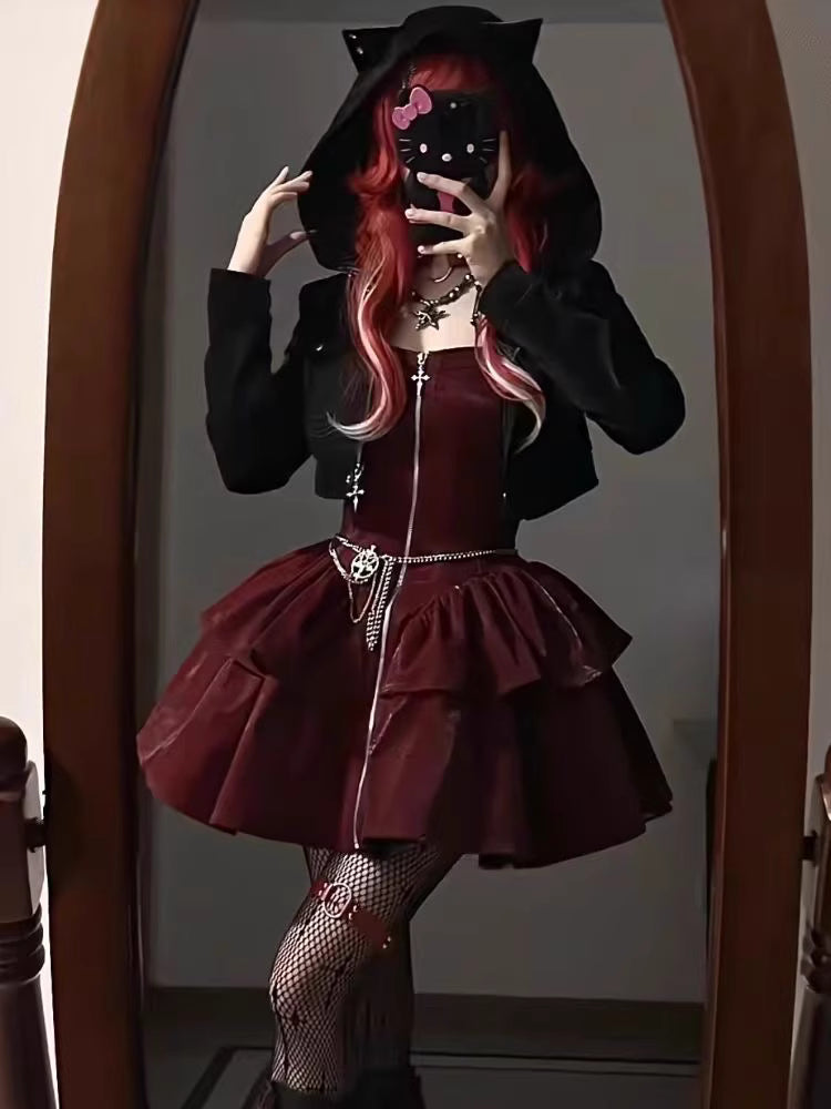 Merging festive mystery with Gothic Lolita elegance, this set features a dark red palette for a twisted Christmas allure. The cat-eared hood and slim-fitting jumper silhouette create a playful yet sinister vibe, while adjustable straps allow customizable coverage. Designed for those who celebrate the holidays with dark romance and unconventional charm.