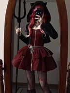 Merging festive mystery with Gothic Lolita elegance, this set features a dark red palette for a twisted Christmas allure. The cat-eared hood and slim-fitting jumper silhouette create a playful yet sinister vibe, while adjustable straps allow customizable coverage. Designed for those who celebrate the holidays with dark romance and unconventional charm.