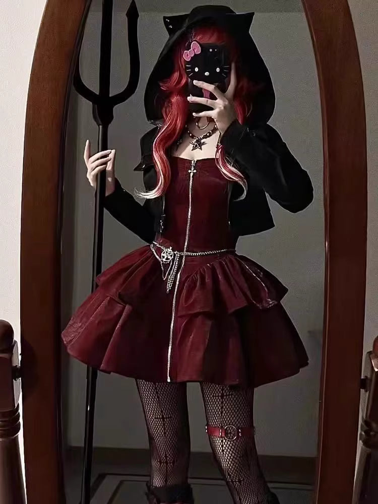 Merging festive mystery with Gothic Lolita elegance, this set features a dark red palette for a twisted Christmas allure. The cat-eared hood and slim-fitting jumper silhouette create a playful yet sinister vibe, while adjustable straps allow customizable coverage. Designed for those who celebrate the holidays with dark romance and unconventional charm.