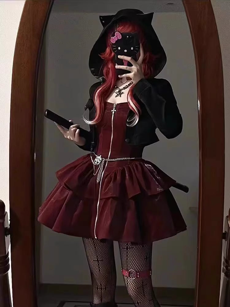 Merging festive mystery with Gothic Lolita elegance, this set features a dark red palette for a twisted Christmas allure. The cat-eared hood and slim-fitting jumper silhouette create a playful yet sinister vibe, while adjustable straps allow customizable coverage. Designed for those who celebrate the holidays with dark romance and unconventional charm.