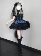 Gothic Lolita Dark Pink Blue Strap Cake Dress Ruffles Jumper Skirt Ball Gown Jacquard