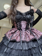 Gothic Lolita Dark Pink Blue Strap Cake Dress Ruffles Jumper Skirt Ball Gown Jacquard