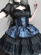 Gothic Lolita Dark Pink Blue Strap Cake Dress Ruffles Jumper Skirt Ball Gown Jacquard