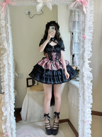 Gothic Lolita Dark Pink Blue Strap Cake Dress Ruffles Jumper Skirt Ball Gown Jacquard