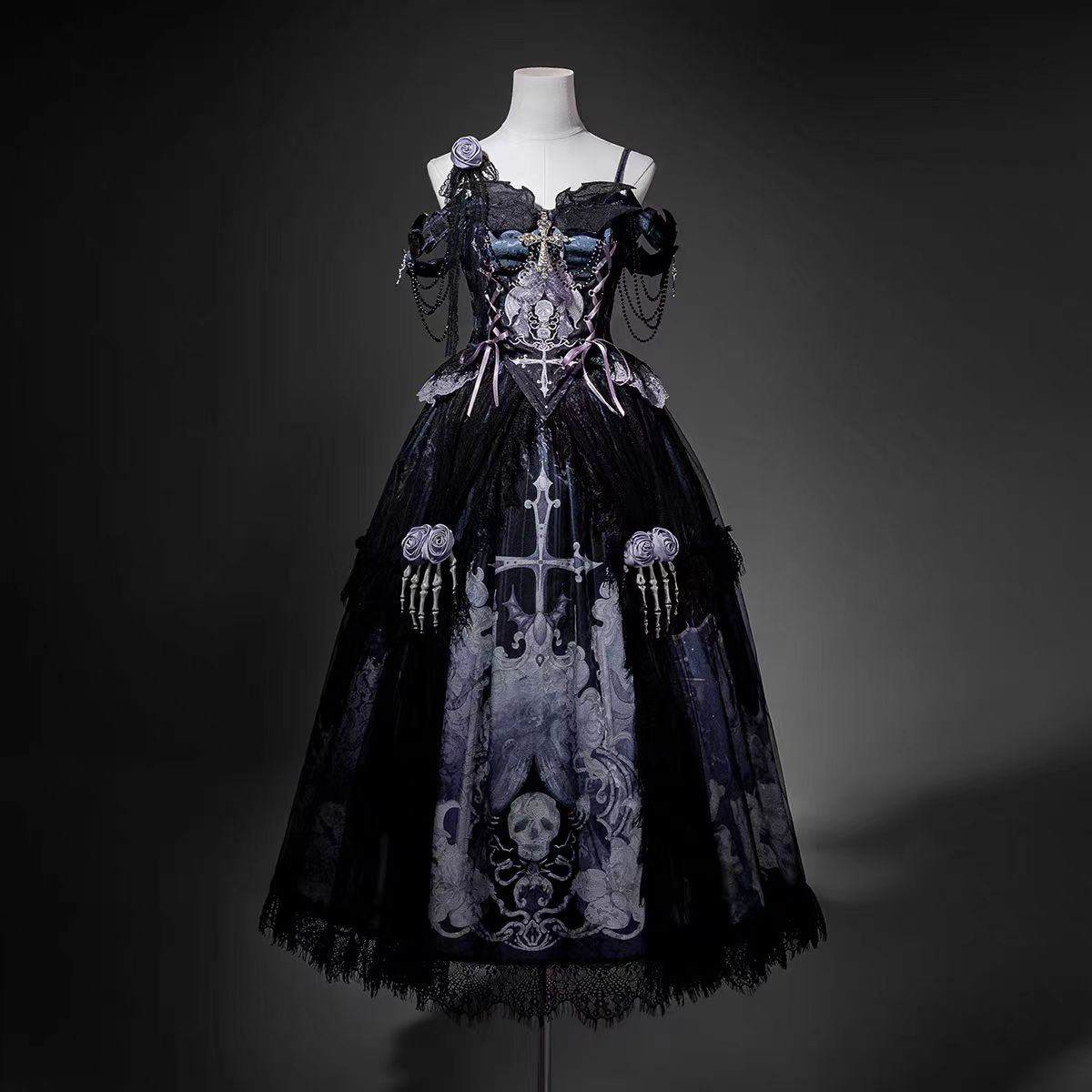 Gothic Lolita Dark Skeleton Ghost Dress Elegant Top and Skirt Set