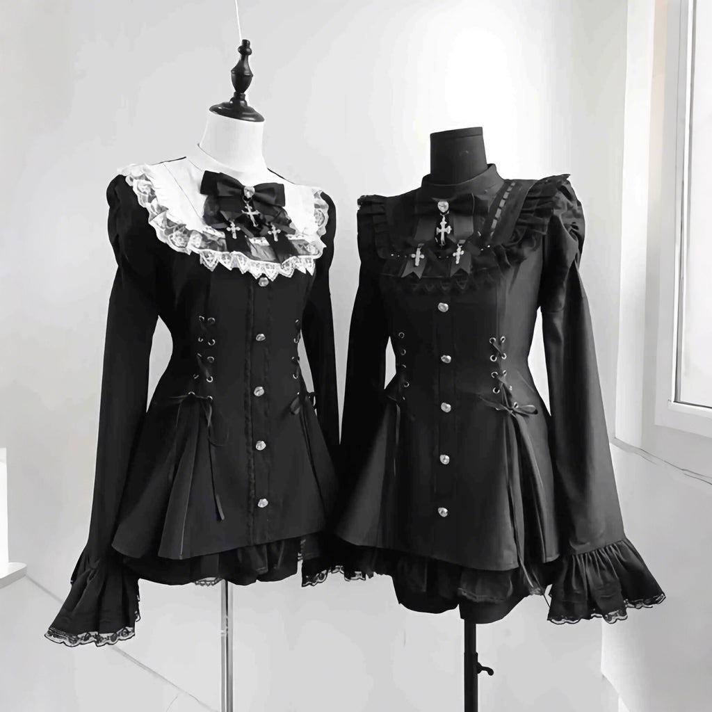 This bell-sleeve Gothic Lolita dress combines dark elegance with petite-friendly proportions. Rendered in stark black and white, its A-line silhouette and delicate lace details create a whimsical yet edgy aesthetic. The dramatic sleeves and tailored waist flatter smaller frames, making it ideal for coordinations blending Japanese-inspired sweetness with timeless Gothic romance.