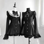 This bell-sleeve Gothic Lolita dress combines dark elegance with petite-friendly proportions. Rendered in stark black and white, its A-line silhouette and delicate lace details create a whimsical yet edgy aesthetic. The dramatic sleeves and tailored waist flatter smaller frames, making it ideal for coordinations blending Japanese-inspired sweetness with timeless Gothic romance.