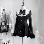 This bell-sleeve Gothic Lolita dress combines dark elegance with petite-friendly proportions. Rendered in stark black and white, its A-line silhouette and delicate lace details create a whimsical yet edgy aesthetic. The dramatic sleeves and tailored waist flatter smaller frames, making it ideal for coordinations blending Japanese-inspired sweetness with timeless Gothic romance.