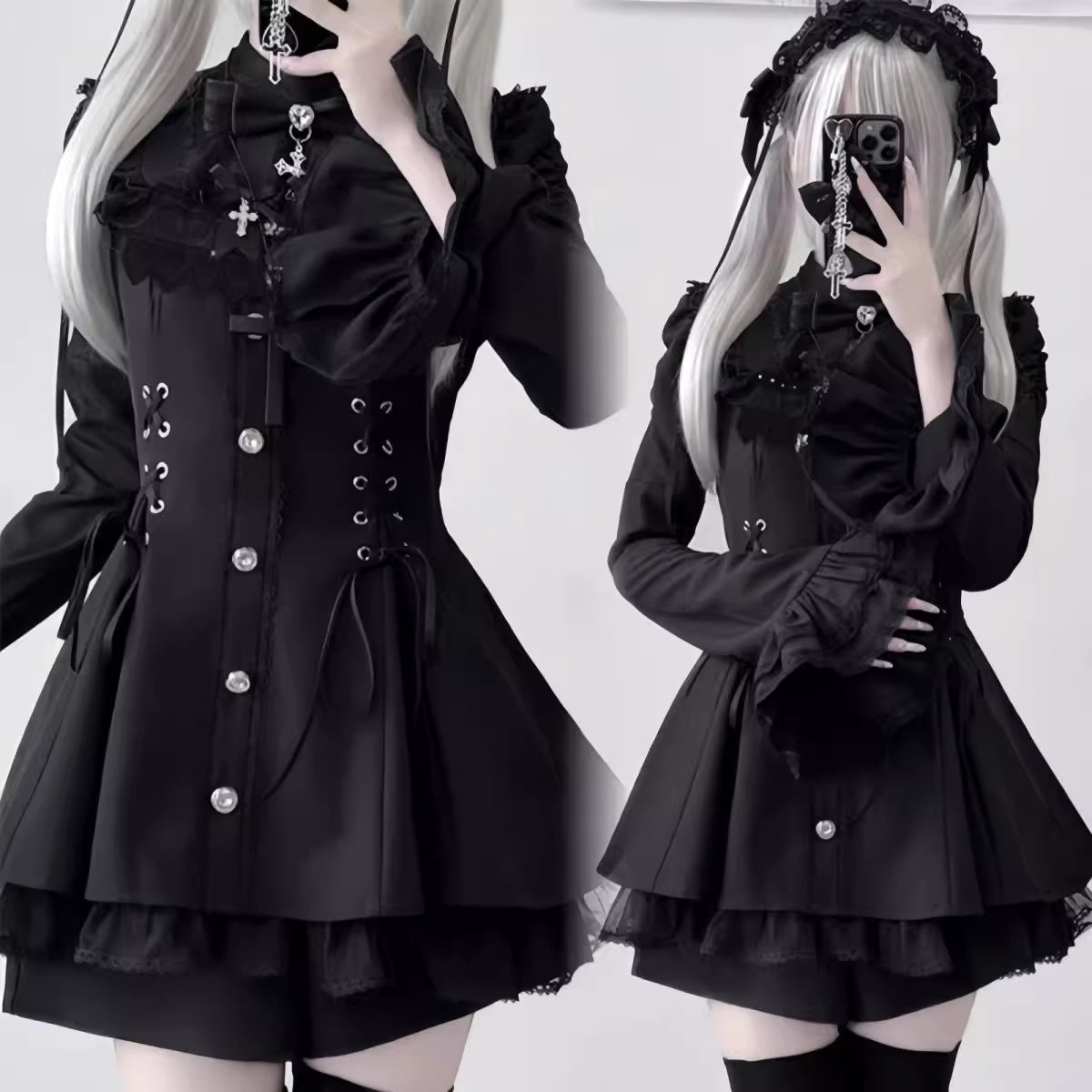 This bell-sleeve Gothic Lolita dress combines dark elegance with petite-friendly proportions. Rendered in stark black and white, its A-line silhouette and delicate lace details create a whimsical yet edgy aesthetic. The dramatic sleeves and tailored waist flatter smaller frames, making it ideal for coordinations blending Japanese-inspired sweetness with timeless Gothic romance.