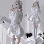This bell-sleeve Gothic Lolita dress combines dark elegance with petite-friendly proportions. Rendered in stark black and white, its A-line silhouette and delicate lace details create a whimsical yet edgy aesthetic. The dramatic sleeves and tailored waist flatter smaller frames, making it ideal for coordinations blending Japanese-inspired sweetness with timeless Gothic romance.