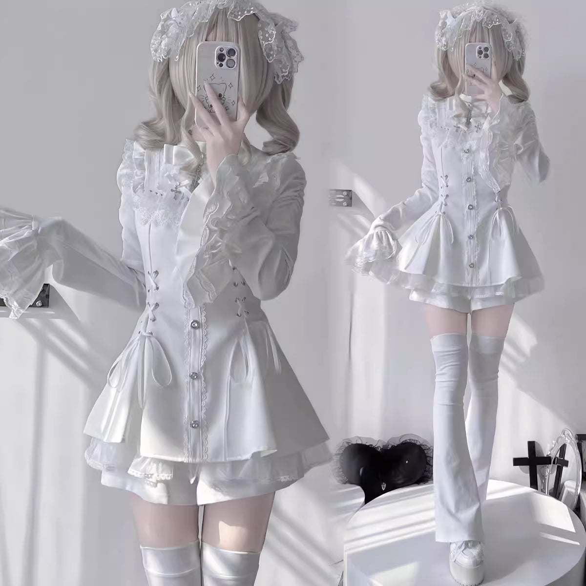 This bell-sleeve Gothic Lolita dress combines dark elegance with petite-friendly proportions. Rendered in stark black and white, its A-line silhouette and delicate lace details create a whimsical yet edgy aesthetic. The dramatic sleeves and tailored waist flatter smaller frames, making it ideal for coordinations blending Japanese-inspired sweetness with timeless Gothic romance.