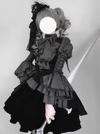 Gothic Lolita Dress Black Set Stripe Ruffled Top with Short Skirt