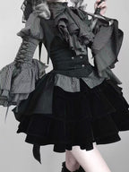 Gothic Lolita Dress Black Set Stripe Ruffled Top with Short Skirt