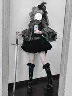 Gothic Lolita Dress Black Set Stripe Ruffled Top with Short Skirt
