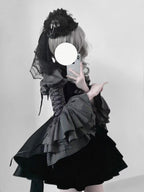 Gothic Lolita Dress Black Set Stripe Ruffled Top with Short Skirt