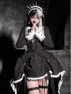 Gothic Lolita Dress Halloween Dark Nun Style Cross Print Top with Irregular Train Skirt