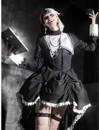 Gothic Lolita Dress Halloween Dark Nun Style Cross Print Top with Irregular Train Skirt