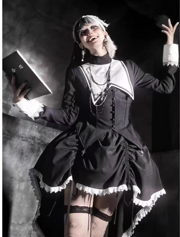 Gothic Lolita Dress Halloween Dark Nun Style Cross Print Top with Irregular Train Skirt