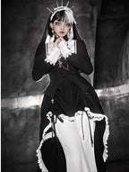 Gothic Lolita Dress Halloween Dark Nun Style Cross Print Top with Irregular Train Skirt