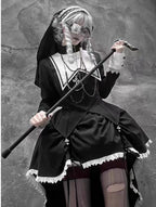 Gothic Lolita Dress Halloween Dark Nun Style Cross Print Top with Irregular Train Skirt