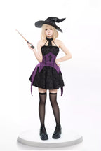 Design Concept:
This Gothic Lolita dress set in purple and black features a halter neck design and a short, flared skirt, perfectly capturing the dark, mystical aesthetic of a young witch. The set includes top, skirt, sleeves, and hat, creating a complete ensemble for a striking Gothic look. Ideal for cosplay events, Halloween, or themed gatherings. If you need matching outerwear or additional accessories, please contact customer service.
