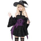 Design Concept:
This Gothic Lolita dress set in purple and black features a halter neck design and a short, flared skirt, perfectly capturing the dark, mystical aesthetic of a young witch. The set includes top, skirt, sleeves, and hat, creating a complete ensemble for a striking Gothic look. Ideal for cosplay events, Halloween, or themed gatherings. If you need matching outerwear or additional accessories, please contact customer service.