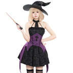 Design Concept:
This Gothic Lolita dress set in purple and black features a halter neck design and a short, flared skirt, perfectly capturing the dark, mystical aesthetic of a young witch. The set includes top, skirt, sleeves, and hat, creating a complete ensemble for a striking Gothic look. Ideal for cosplay events, Halloween, or themed gatherings. If you need matching outerwear or additional accessories, please contact customer service.