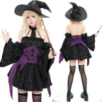Design Concept:
This Gothic Lolita dress set in purple and black features a halter neck design and a short, flared skirt, perfectly capturing the dark, mystical aesthetic of a young witch. The set includes top, skirt, sleeves, and hat, creating a complete ensemble for a striking Gothic look. Ideal for cosplay events, Halloween, or themed gatherings. If you need matching outerwear or additional accessories, please contact customer service.