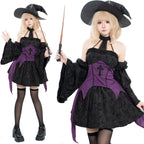 Design Concept:
This Gothic Lolita dress set in purple and black features a halter neck design and a short, flared skirt, perfectly capturing the dark, mystical aesthetic of a young witch. The set includes top, skirt, sleeves, and hat, creating a complete ensemble for a striking Gothic look. Ideal for cosplay events, Halloween, or themed gatherings. If you need matching outerwear or additional accessories, please contact customer service.