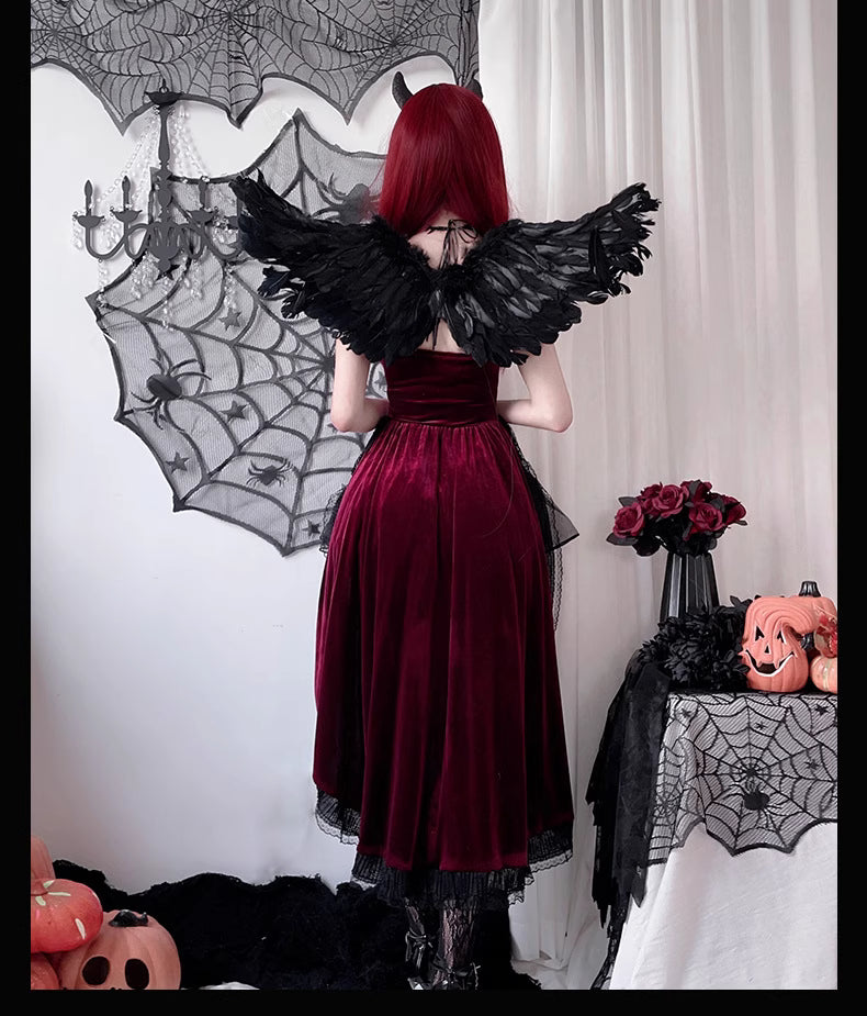 Design Concept:
This Gothic Lolita dress set in red features a fishtail hem and delicate lace detailing, capturing the dark, dramatic elegance of a vampire bride. Perfect for Halloween, cosplay events, or themed performances, this set includes the dress plus full accessories, creating a complete Gothic ensemble. Full accessories include: headpiece, neckpiece, socks, petticoat, long elf ears, and dress.