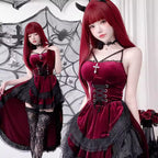 Design Concept:
This Gothic Lolita dress set in red features a fishtail hem and delicate lace detailing, capturing the dark, dramatic elegance of a vampire bride. Perfect for Halloween, cosplay events, or themed performances, this set includes the dress plus full accessories, creating a complete Gothic ensemble. Full accessories include: headpiece, neckpiece, socks, petticoat, long elf ears, and dress.