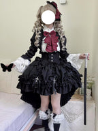 Gothic Lolita Dress Ruffled Black Burgundy Bow Set Detailed Jacket Asymmetric Skirt