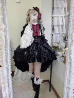 Gothic Lolita Dress Ruffled Black Burgundy Bow Set Detailed Jacket Asymmetric Skirt