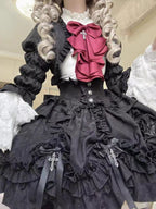 Gothic Lolita Dress Ruffled Black Burgundy Bow Set Detailed Jacket Asymmetric Skirt