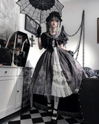 Gothic Lolita Elegant Printing JSK Cape Dresses Black White Rococo Dress Vintage Which Costume