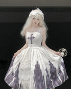 Gothic Lolita Elegant Printing JSK Cape Dresses Black White Rococo Dress Vintage Which Costume