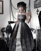 Gothic Lolita Elegant Printing JSK Cape Dresses Black White Rococo Dress Vintage Which Costume