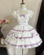 Gothic Lolita Fashion Purple White Ruffle Lace with Bow Cake Dress Princess